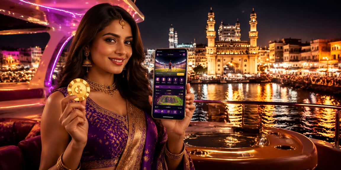 Mobile sports betting in Hyderabad near Charminar with vibrant lights